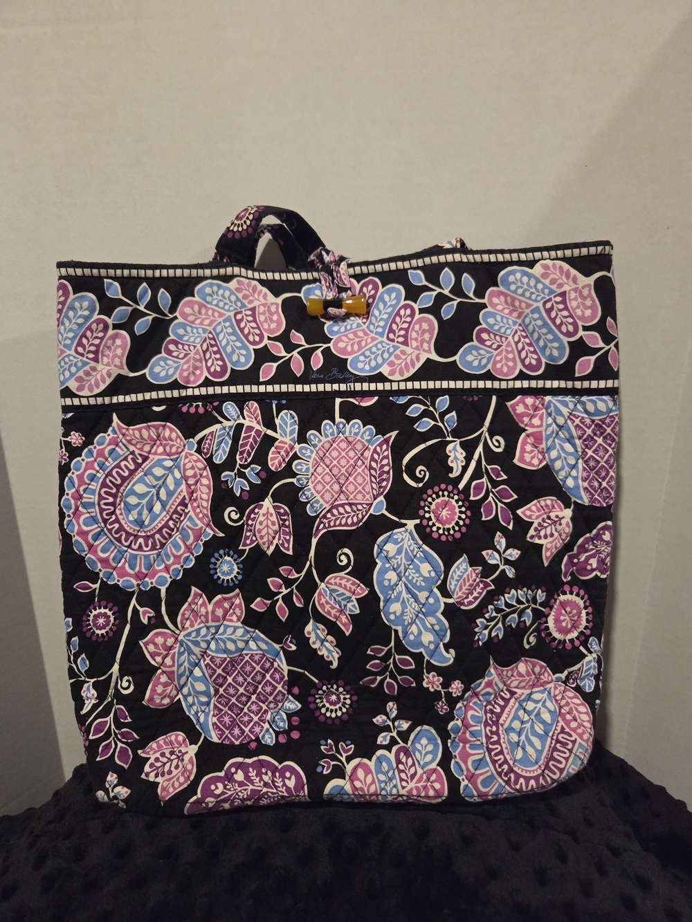 Vera Bradley Black Quilted Floral Tote with Pink & Blue Accents